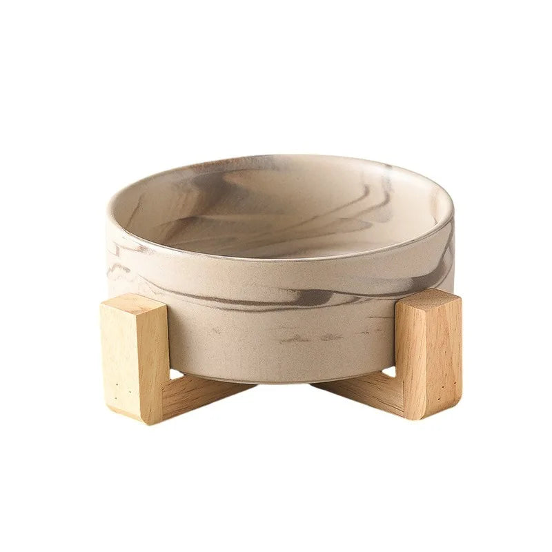Marbling Ceramic Cat and Dog Bowl  With Wooden Rack