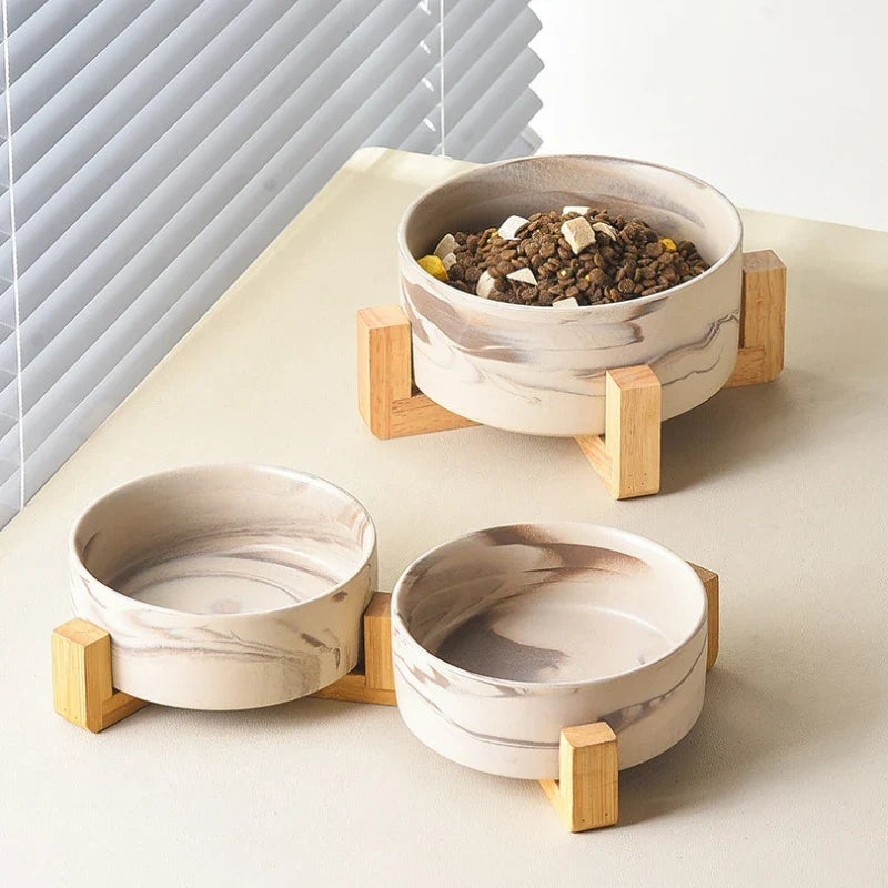 Marbling Ceramic Cat and Dog Bowl  With Wooden Rack