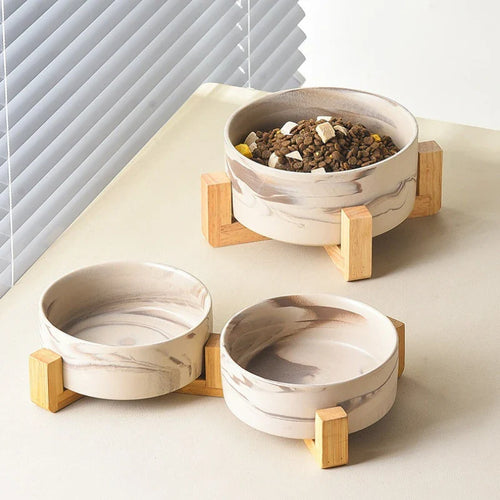 Marbling Ceramic Cat and Dog Bowl  With Wooden Rack