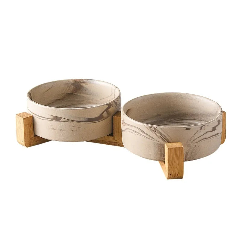 Marbling Ceramic Cat and Dog Bowl  With Wooden Rack