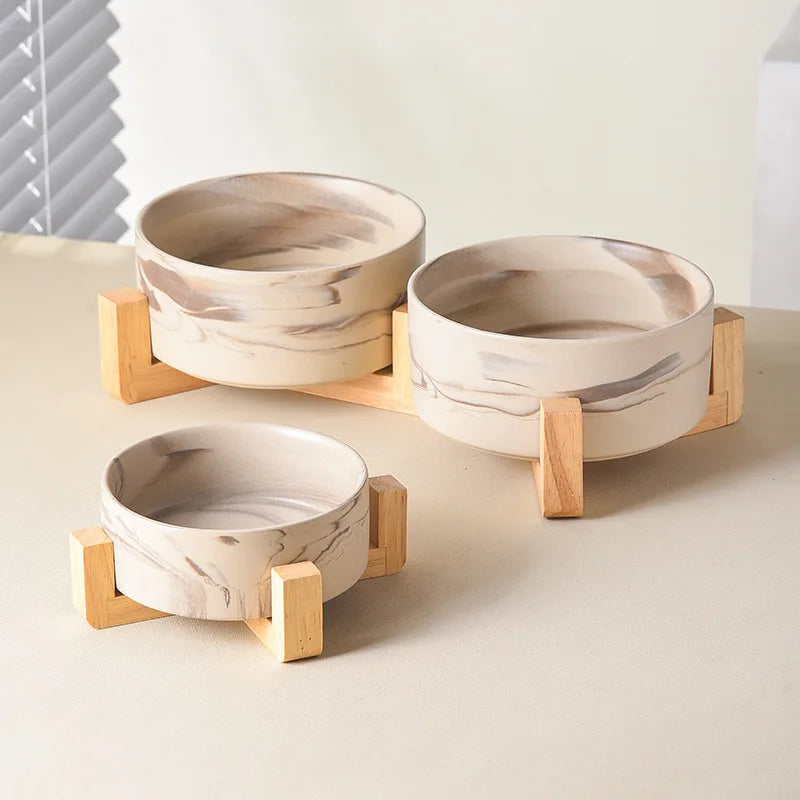 Marbling Ceramic Cat and Dog Bowl  With Wooden Rack