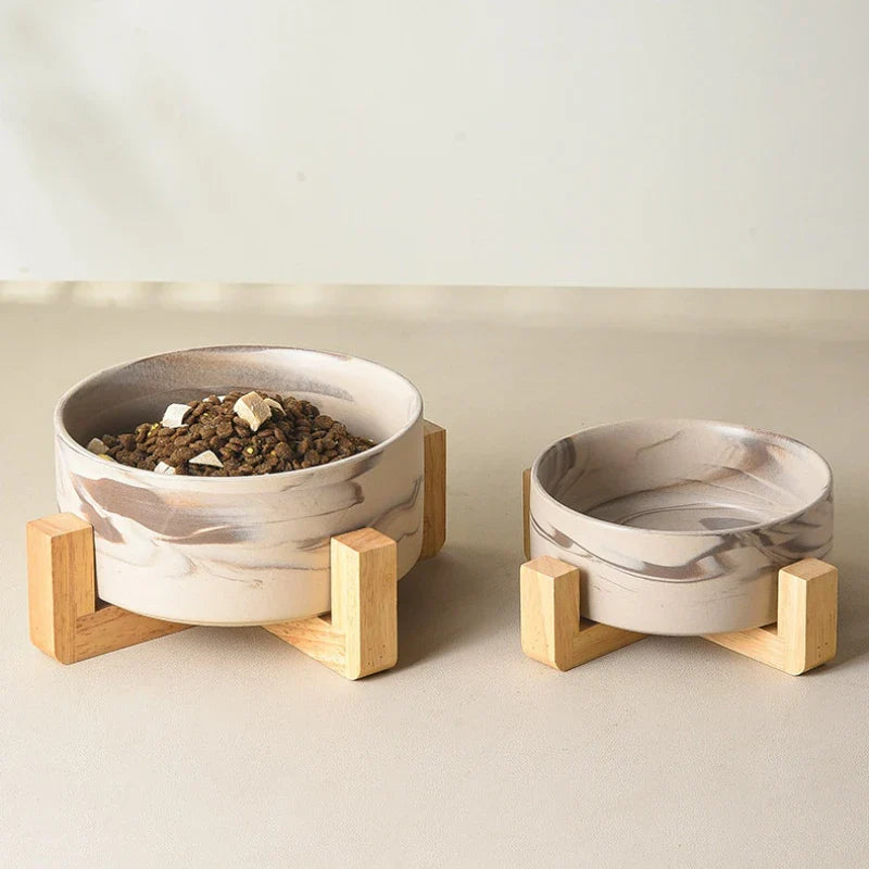 Marbling Ceramic Cat and Dog Bowl  With Wooden Rack