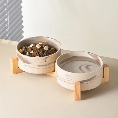 Marbling Ceramic Cat and Dog Bowl  With Wooden Rack