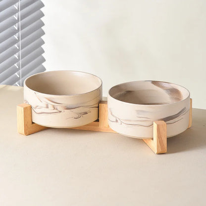 Marbling Ceramic Cat and Dog Bowl  With Wooden Rack